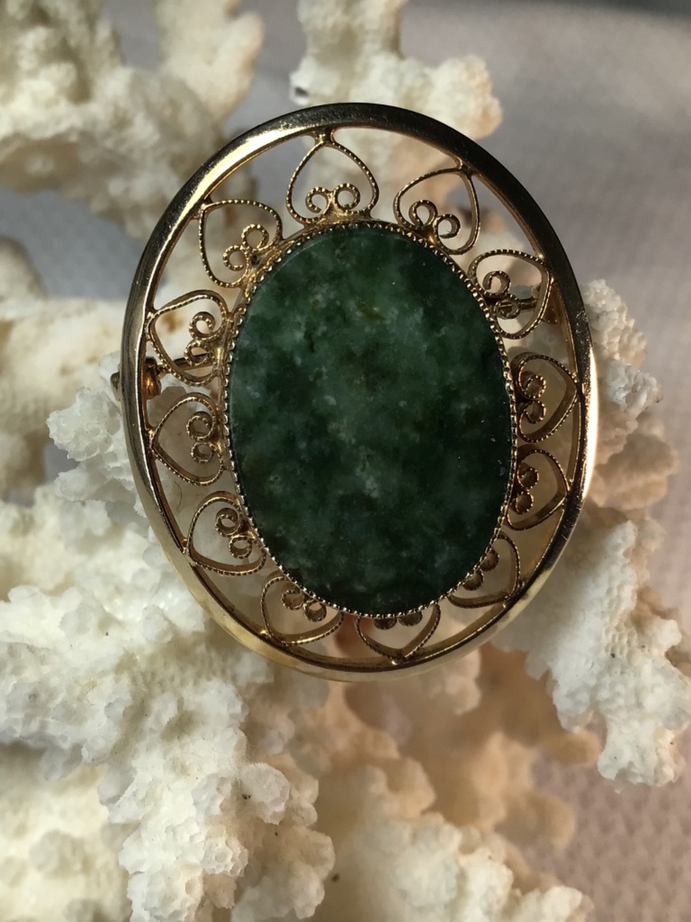 Vintage Designer Signed Catamore 1/20 12K Gold Filled Green Gemstone Pin Brooch